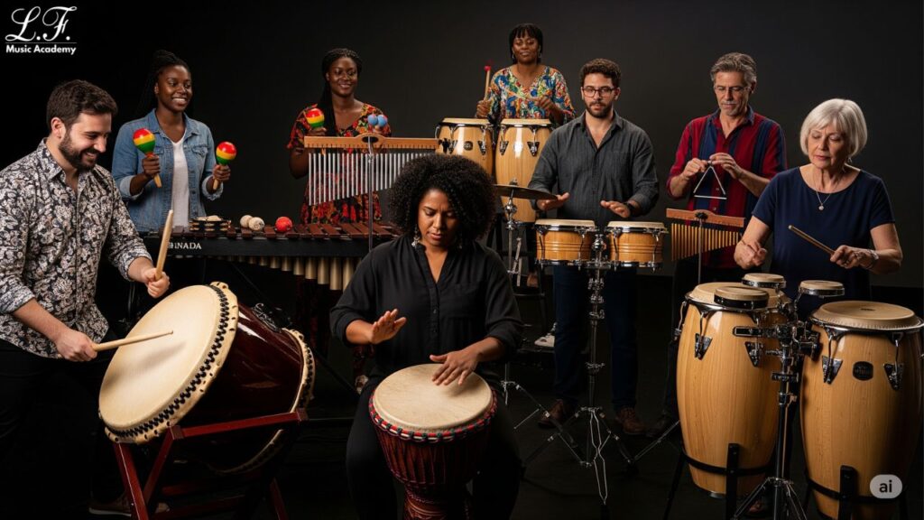 Algumas pessoas tocando diversos instrumentos de percussão