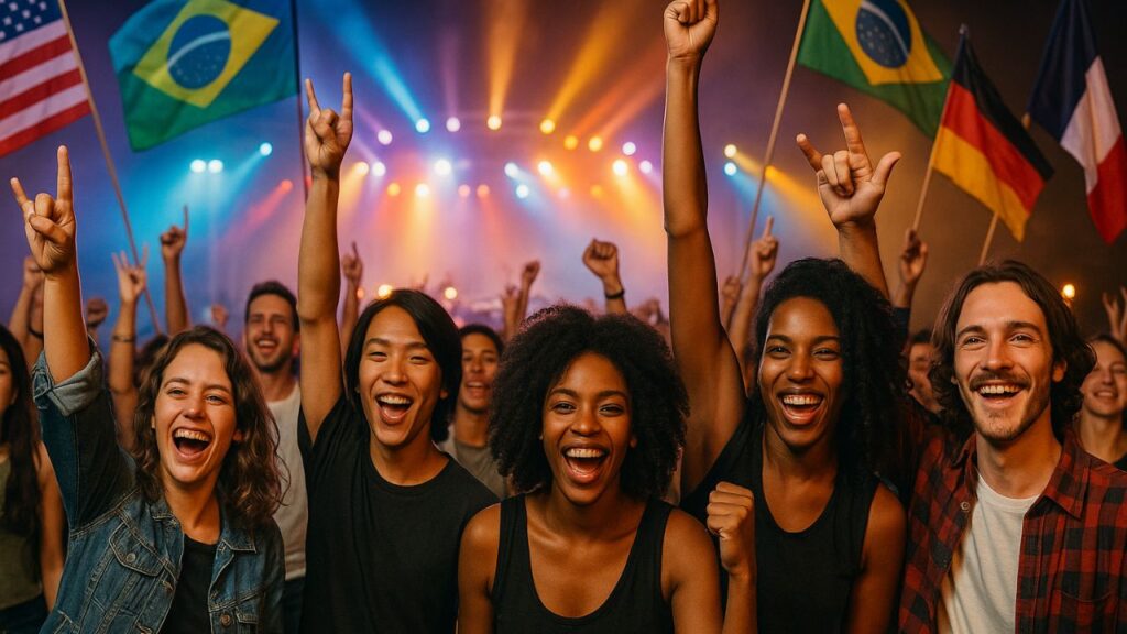 Jovens de diferentes países e culturas curtindo um show de rock ao ar livre