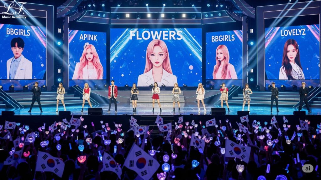 Membros de diferentes grupos de K-pop (BTS, Apink, BBGIRLS, Lovelyz, Flowers