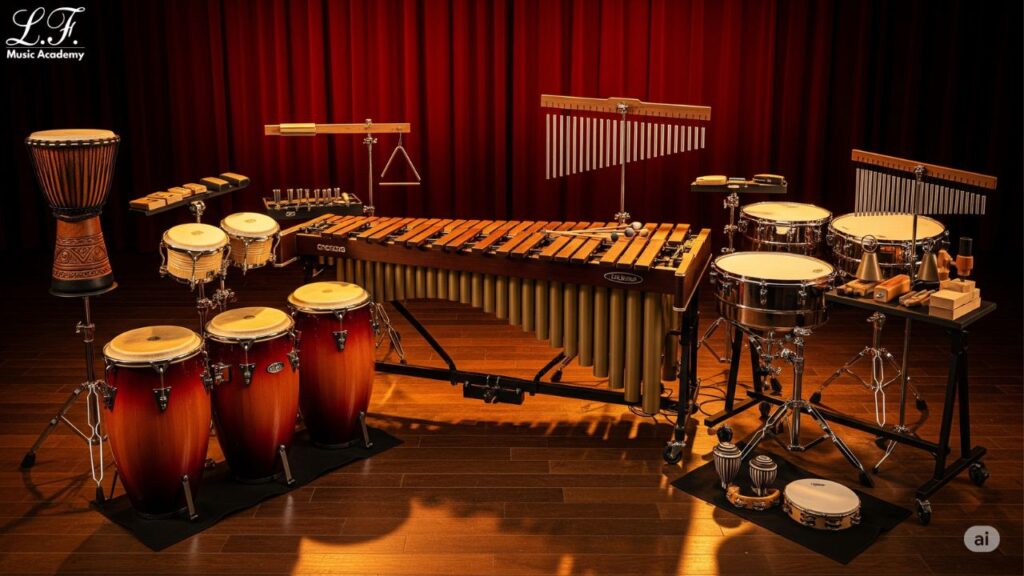 Origem da bateria acústica: Palco com alguns instrumentos de percussão