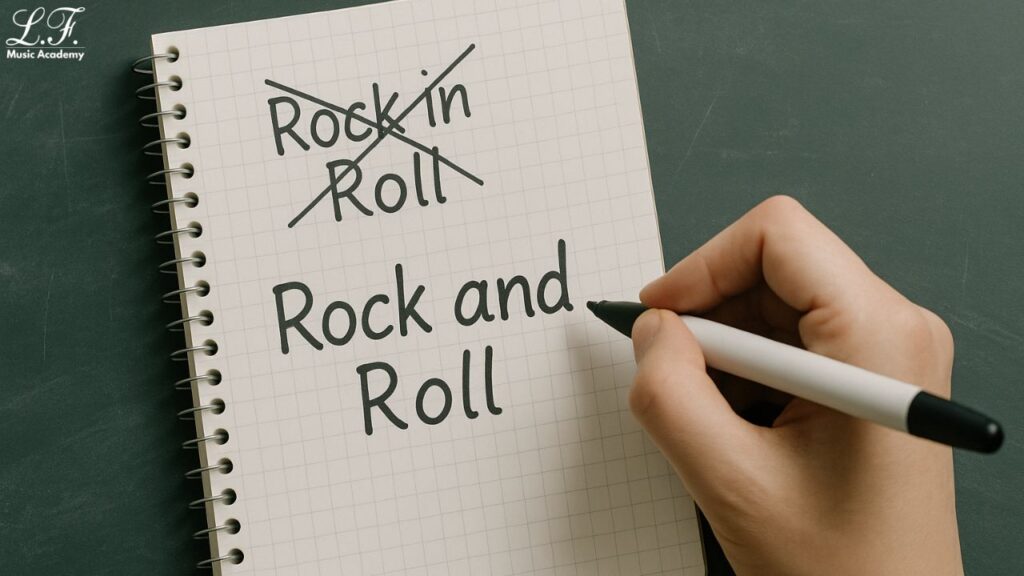 Uma mão escrevendo "Rock and Roll" corretamente em um caderno