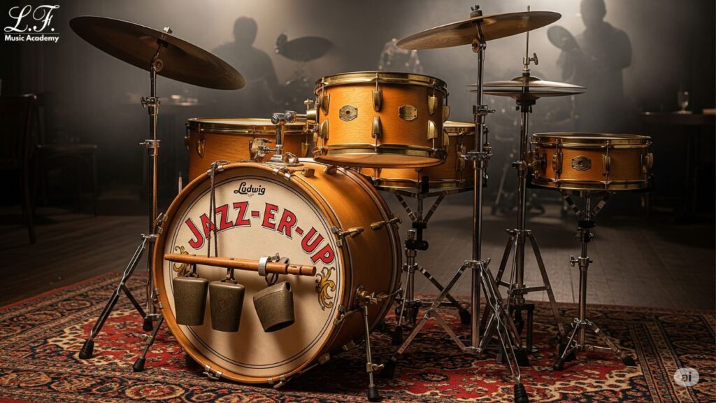 Imagem da bateria Ludwig "Jazz-er-up" de 1918, considerada o primeiro kit de bateria de produção comercial da Ludwig