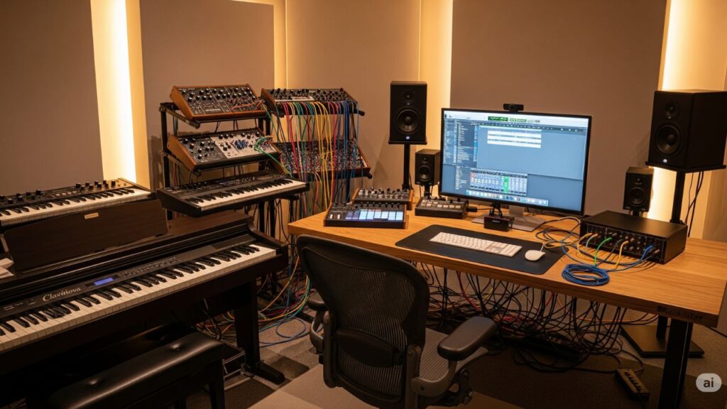 um estúdio moderno com sintetizadores, piano digital e computador com software de produção