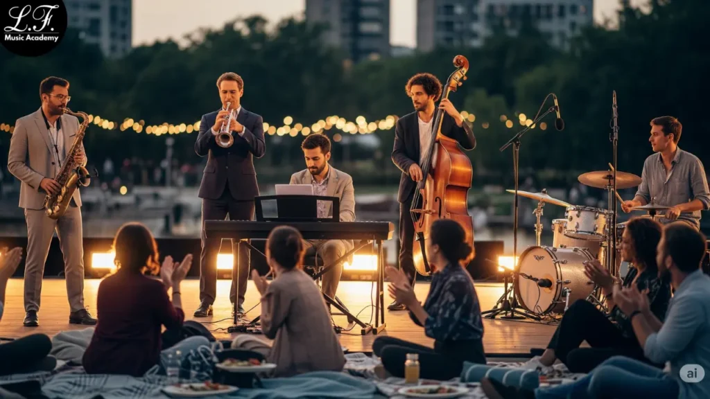 Banda de jazz moderna se apresentando em um palco ao ar livre com público jovem