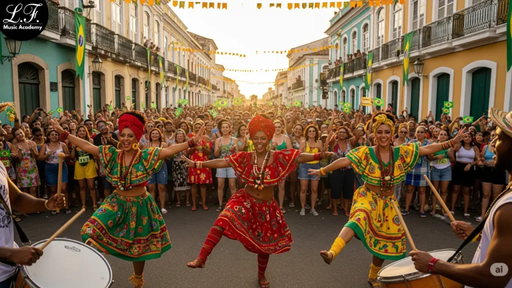 Dançarinos de samba-reggae no Brasil, com um grande público ao fundo