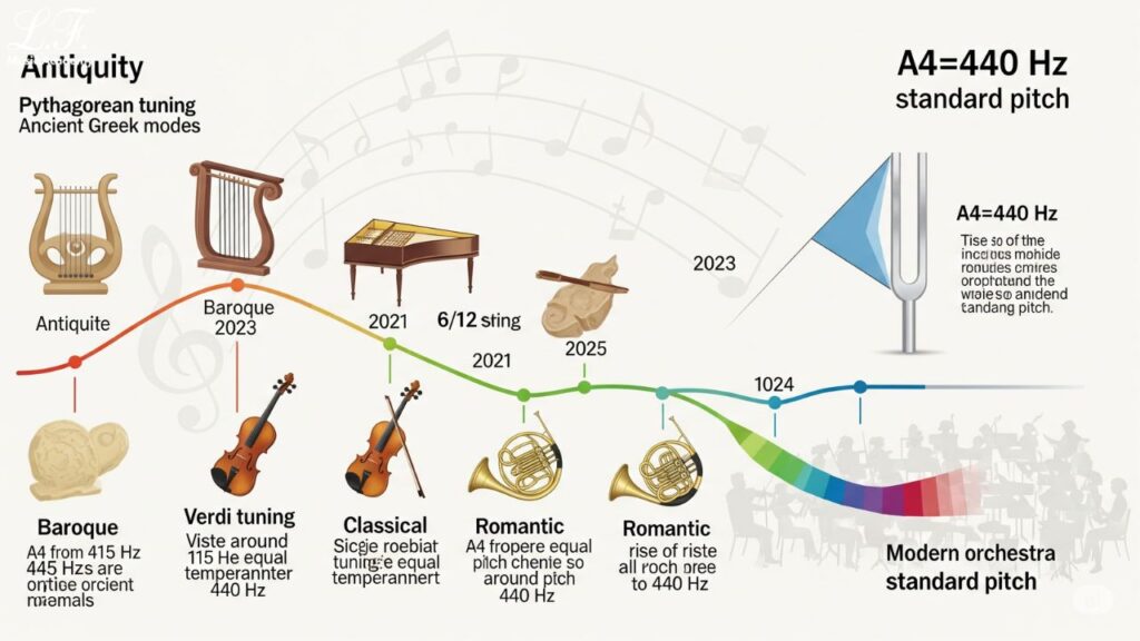 Gráfico ou infográfico mostrando a mudança histórica da afinação
