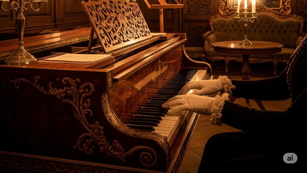 Pianoforte em uma sala barroca, com detalhes em madeira e velas