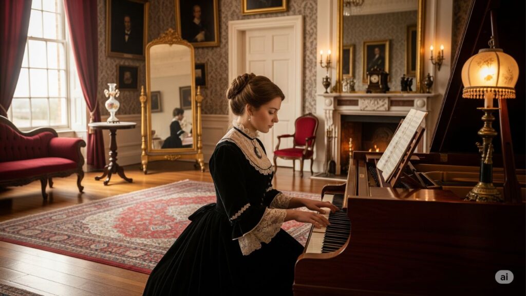 Origem do piano: uma cena vitoriana com uma jovem tocando piano em um salão elegante