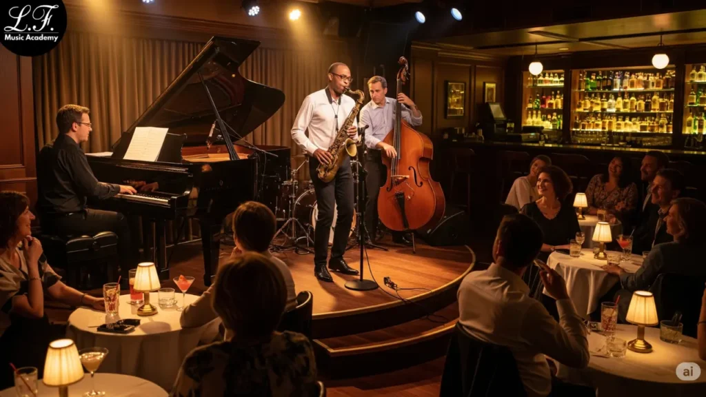 Músicas Jazz Mais Famosas: Cena vibrante em um bar elegante com banda de jazz tocando saxofone, piano e contrabaixo