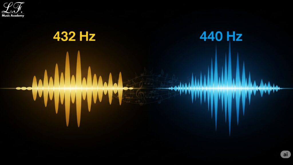 Ilustração de ondas sonoras comparando 432hz e 440hz