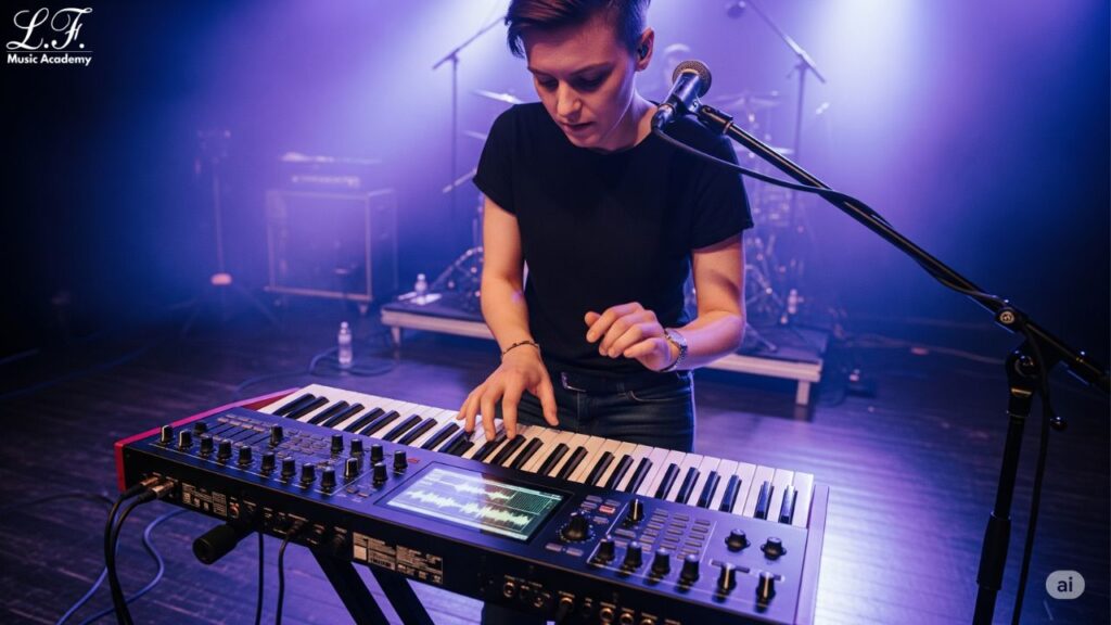 Tecladista em um palco tocando um sintetizador moderno