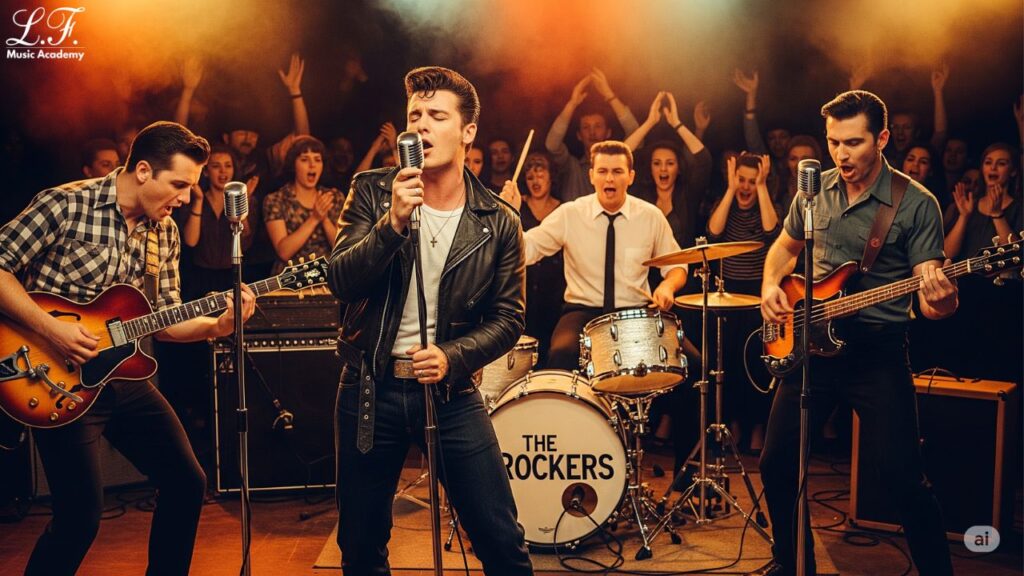 Uma banda de rock dos anos 50 tocando em um palco com público vibrando