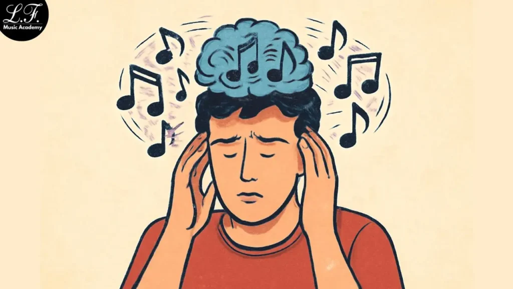 Uma representação visual de uma pessoa com a mente presa a uma música