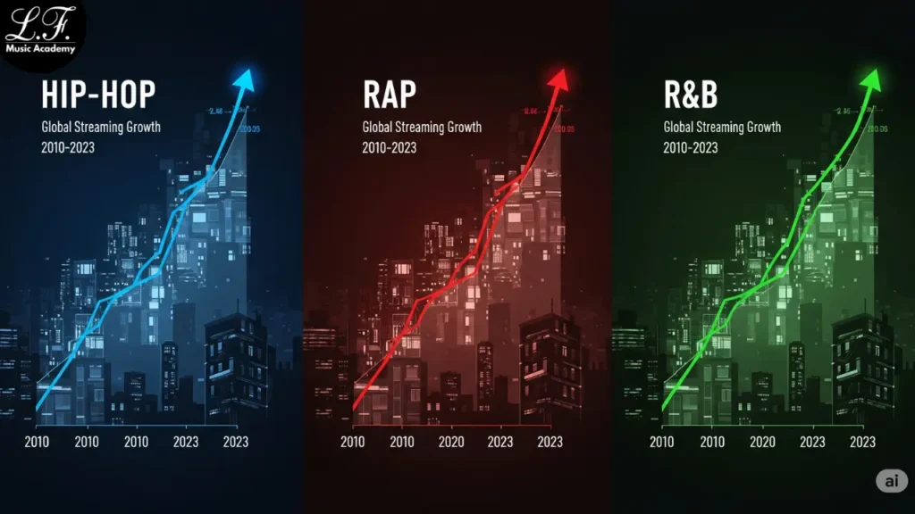 Gráficos de crescimento do streaming global de Hip-Hop, Rap e R&B, com elementos urbanos e tecnologia