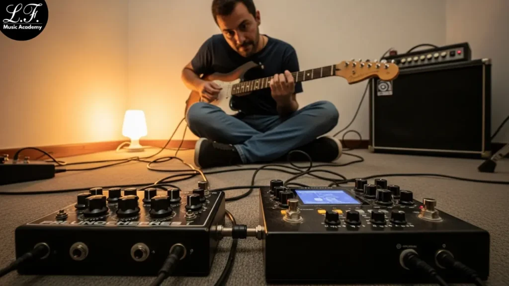 Músico comparando pedal analógico e digital no chão.