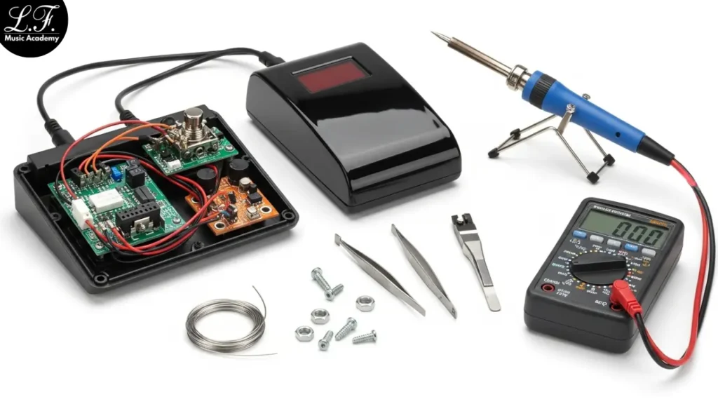 Pedal analógico aberto e pedal digital ao lado em bancada.