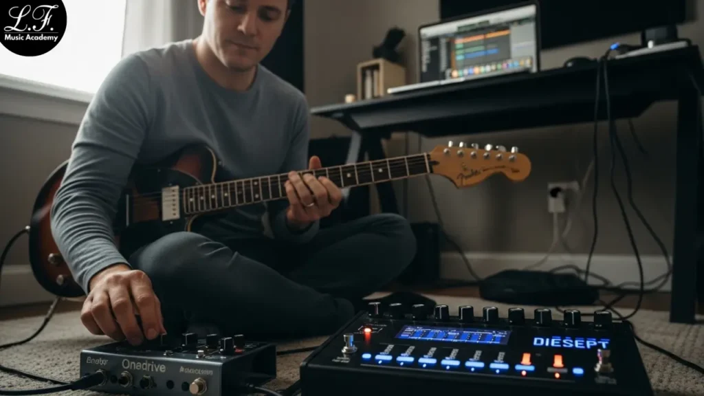 Guitarrista regulando overdrive analógico e pedal digital no estúdio.