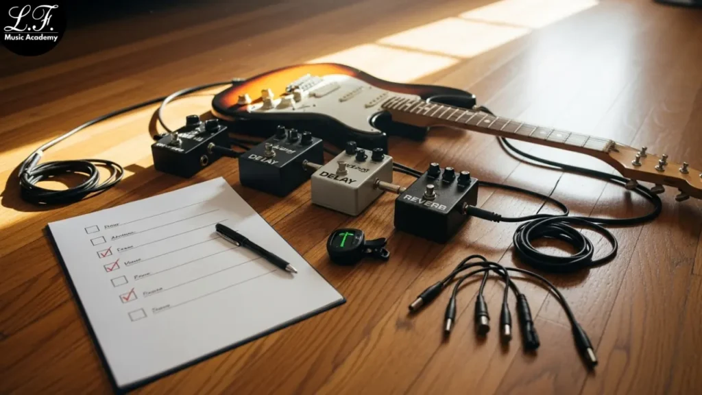 Checklist de escolha de pedais com drive, delay e reverb.