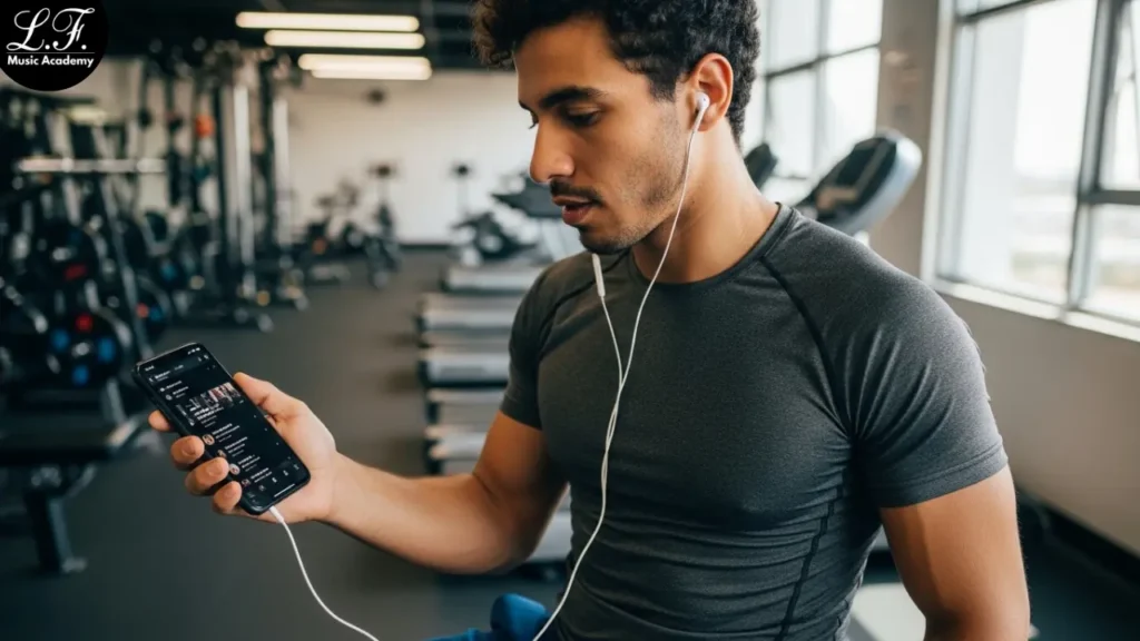 Músico na academia escolhendo playlist no celular.