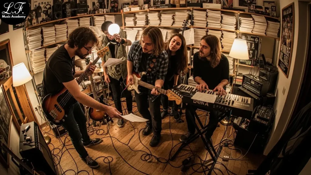 Banda em ensaio usando estantes com partituras.