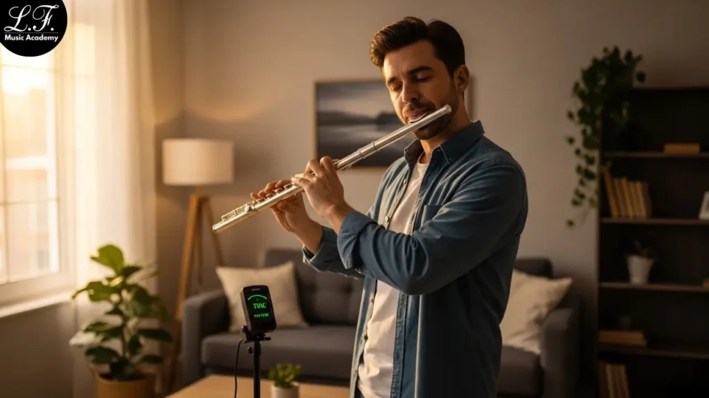 Músico testando afinação e resposta da flauta em casa.