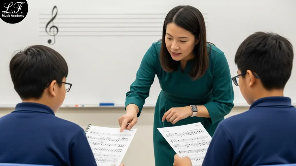 Aula de música com explicação de pentagrama e clave.
