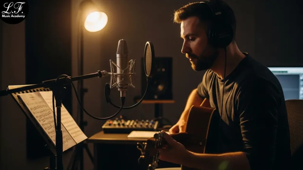 Músico em estúdio gravando com partitura na estante.