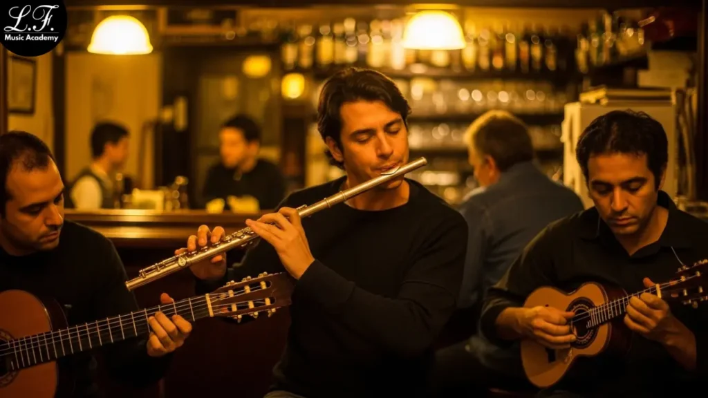 Flautista tocando flauta transversal em roda de choro.