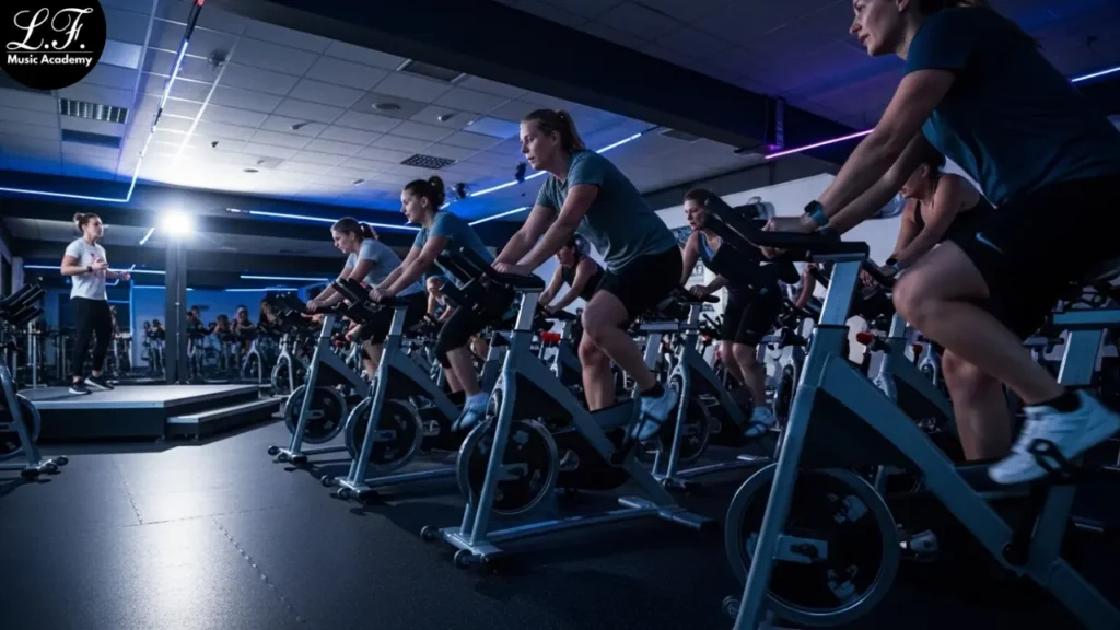 Aula de bike indoor com batida forte e energia.