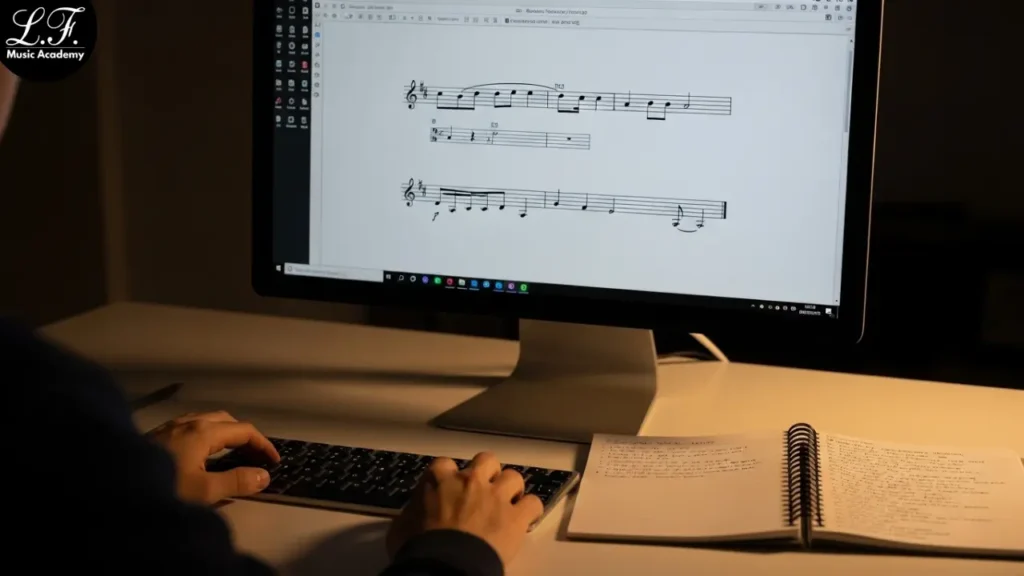 MuseScore aberto com partitura simples para estudo.