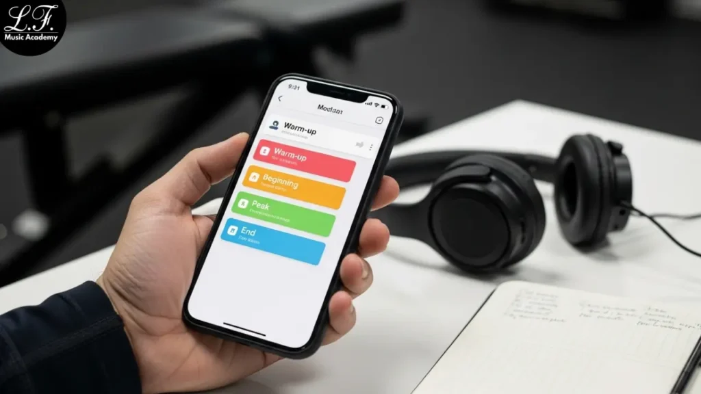 Playlist de treino organizada por fases no celular.